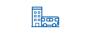 Icon of a bus passing by an office building