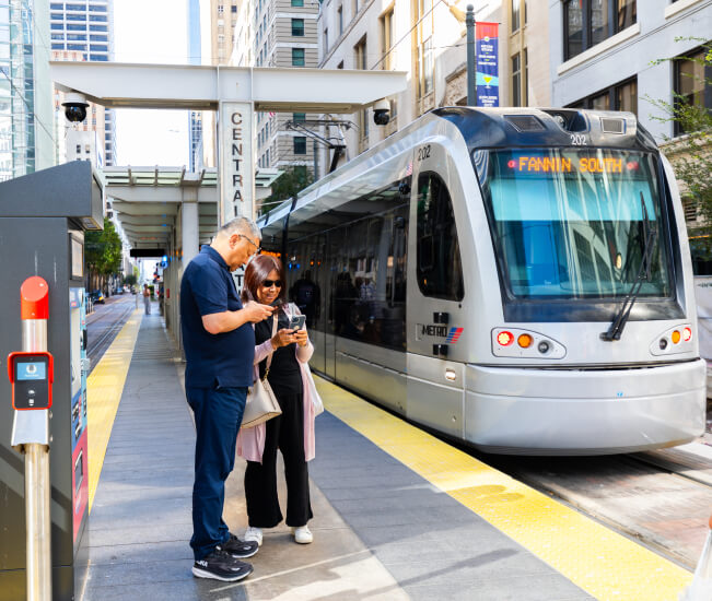 METRORail Red Line traveling near Central Station in Downtown Houston.