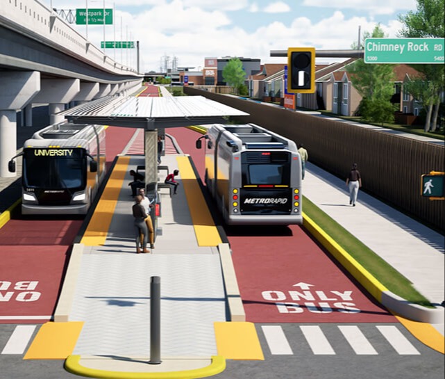 Animated rendering of METRORapid busses stopped at a station along Westpark Drive.