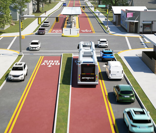 Animated rendering of the METRORapid University Corridor bus traveling in a dedicated Bus Only lane.
