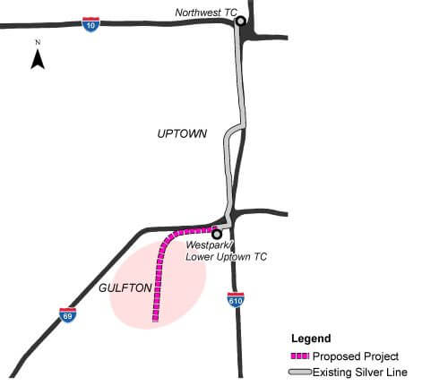 Map highlighting the area proposed for the METRORapid Gulfton Corridor project.