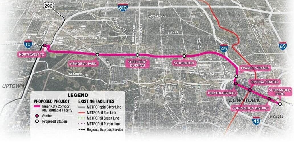 METRORapid Inner Katy route map showing alignment between Northwest Transit Center and downtown Houston.