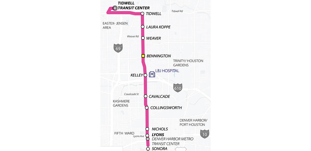 METRORapid University route map showing segment 5 of the alignment between Fifth Ward / Denver Harbor Transit Center and Tidwell Transit Center.