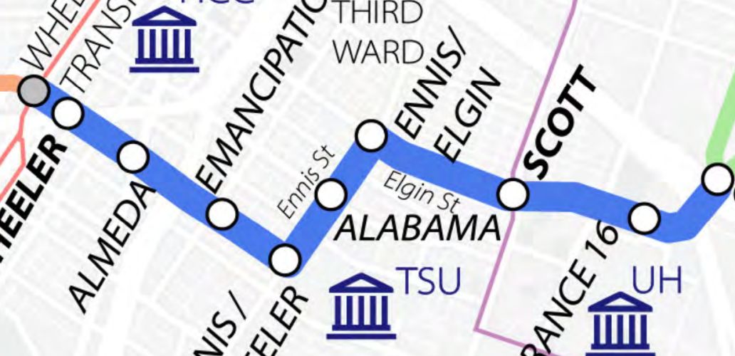 METRORapid University route map showing segment 3 of the alignment between Wheeler Station (along the METRORail Red Line) and the Eastwood Transit Center.