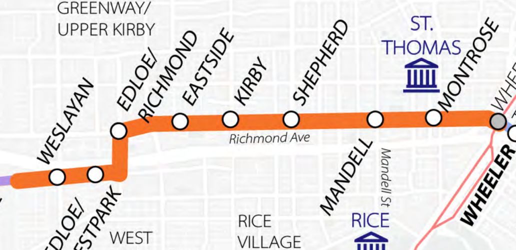 METRORapid University route map showing segment 2 of the alignment running through Greenway / Upper Kirby and Montrose.