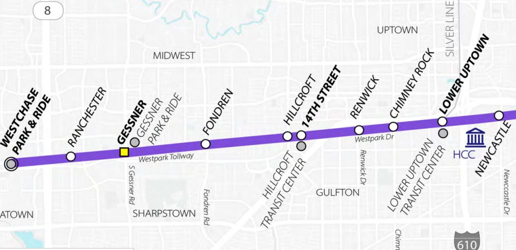 METRORapid University route map showing segment 1 of the alignment between Westchase Park & Ride and Newcastle Drive.