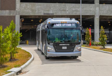 MERORapid vehicle pulling out of Westpark / Lower Uptown Transit Center