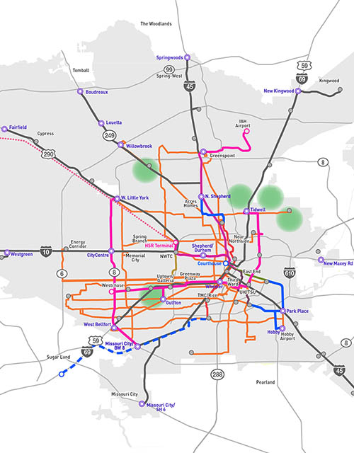 Full METRONext Moving Forward Plan map showing METRORail and METRORapid lines as of 2021 and all proposed system enhancements that are part of the plan.