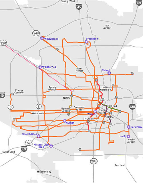 METRONext Moving Forward Plan map showing METRORail and METRORapid lines as of 2021 and proposed new BOOST corridors that are part of the plan.