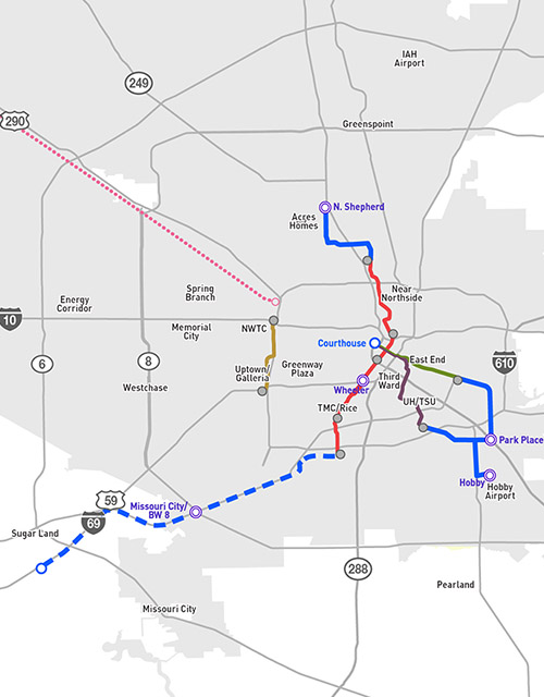 METRONext Moving Forward Plan map showing METRORail lines as of 2021 and proposed new lines that are part of the plan.