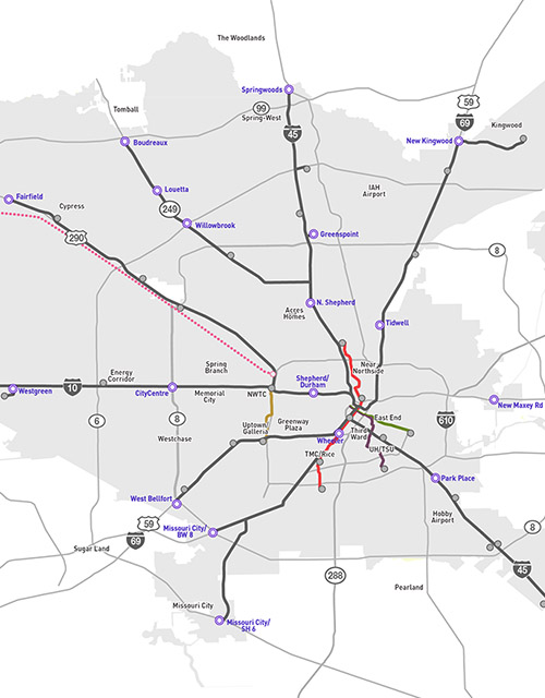 METRONext Moving Forward Plan map showing METRORail and METRORapid lines as of 2021 and proposed new Regional Express Networks that are part of the plan.