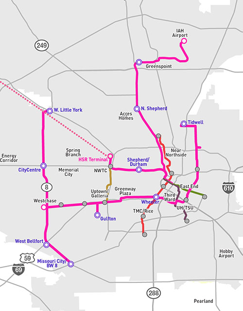 METRONext Moving Forward Plan map showing METRORail and METRORapid lines as of 2021 and proposed new METRORapid lines that are part of the plan.