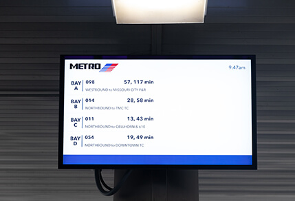 A digital sign at the Hiram Clarke Transit Center.