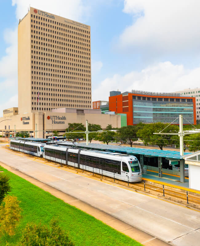 METRORail Red Line stopped at the Texas Medical Center Transit Center