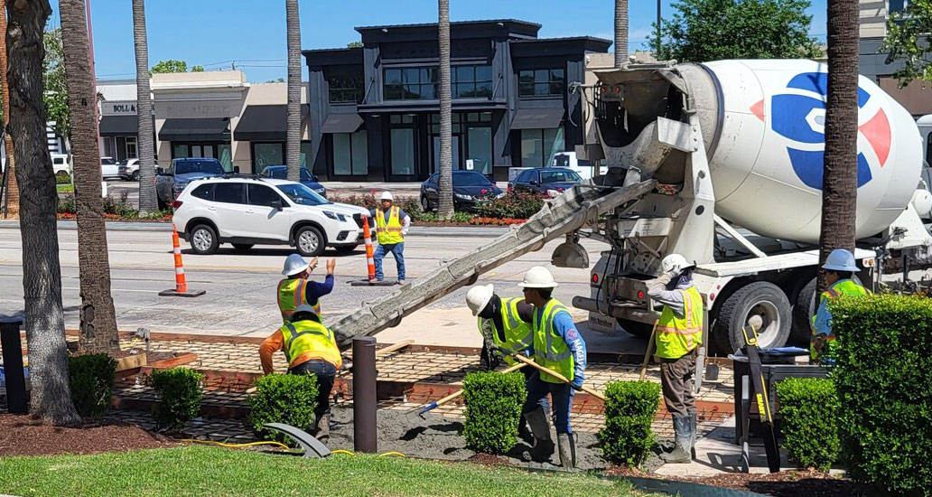 Pouring concrete for the first new bus pad at Westheimer Road near Weslayan St.