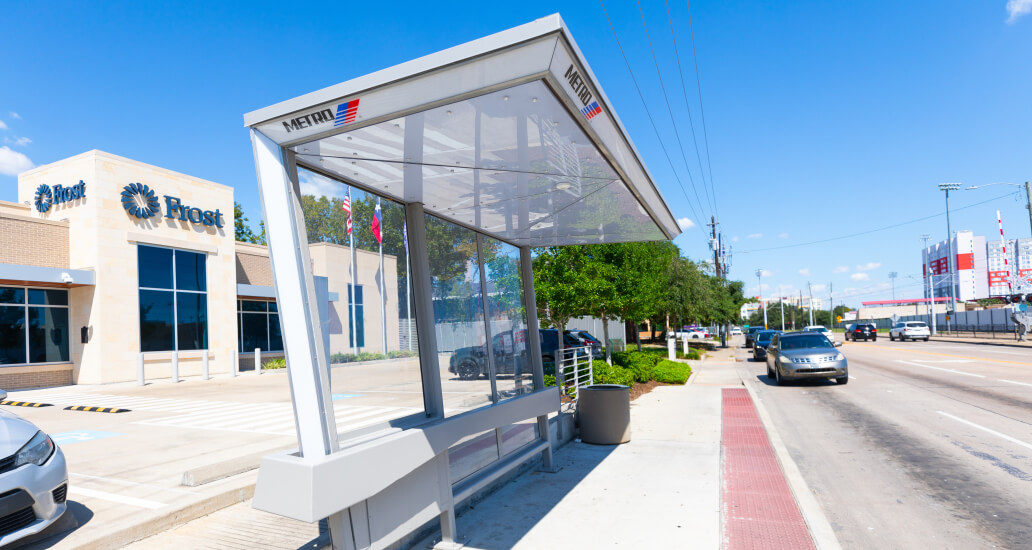 BOOST bus shelter in front of a Frost Bank