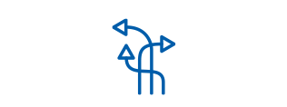 Icon of three arrows flowing up in different directions, flexibility.