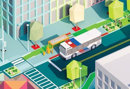 Urban design rendering of a METRO bus at a bus stop along a city street.