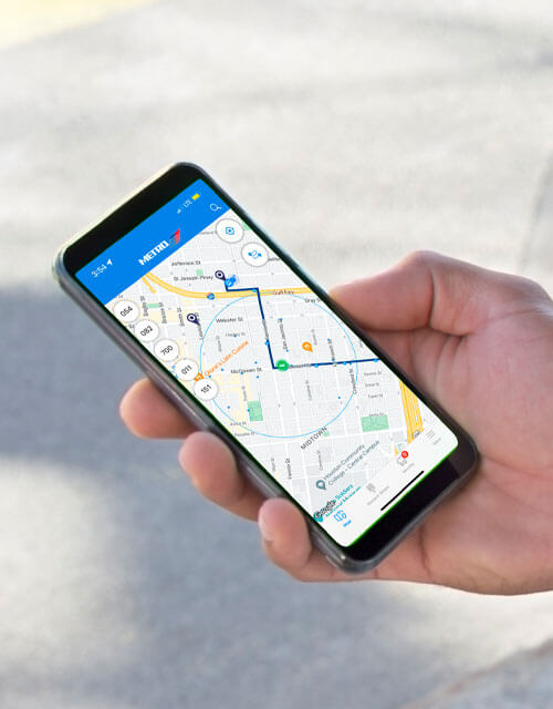 Phone displaying the RideMETRO app's vehicle tracking feature.