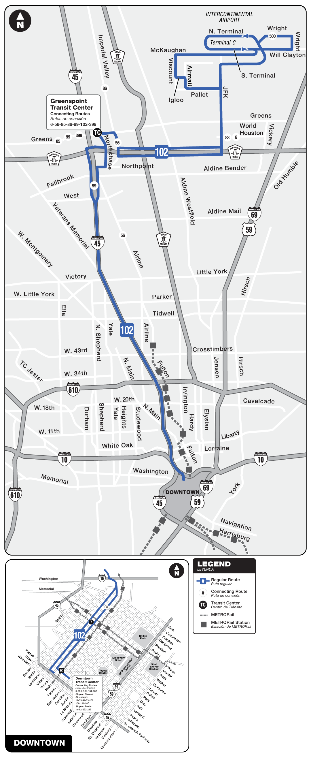 Route map for 102 Bush IAH Express bus