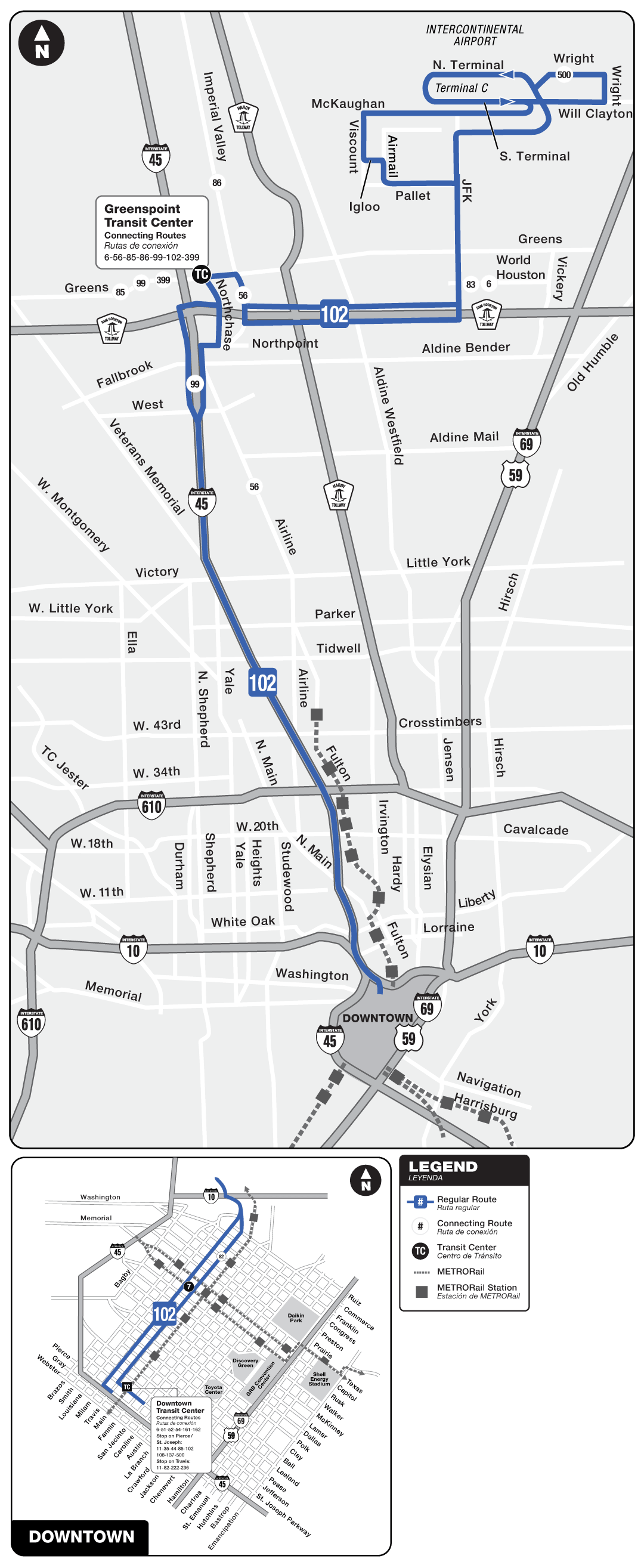 Route map for 102 Bush IAH Express bus