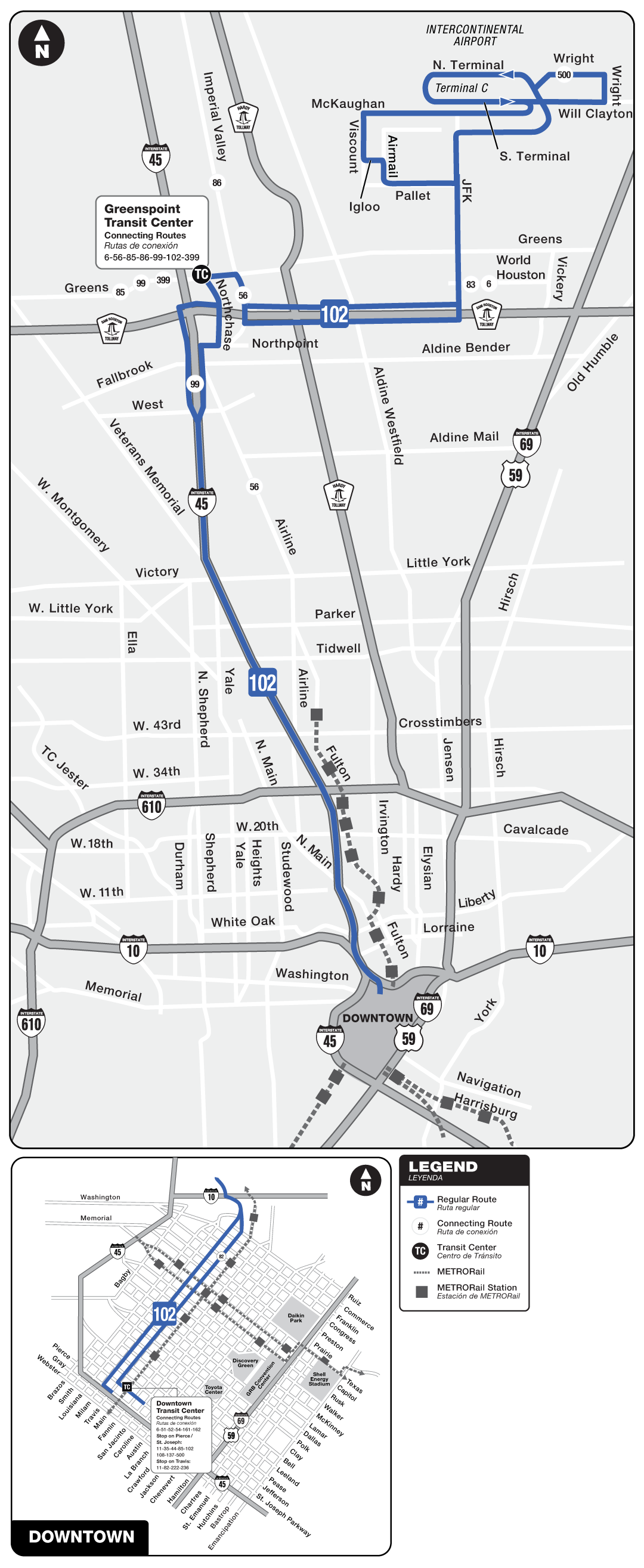 Route map for 102 Bush IAH Express bus