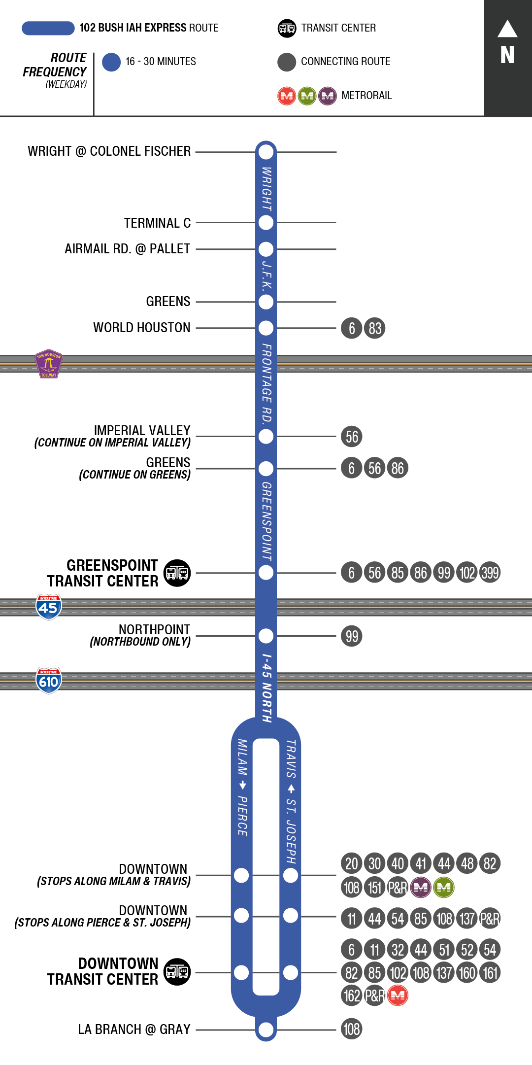 Route map for 102 Bush IAH Express bus