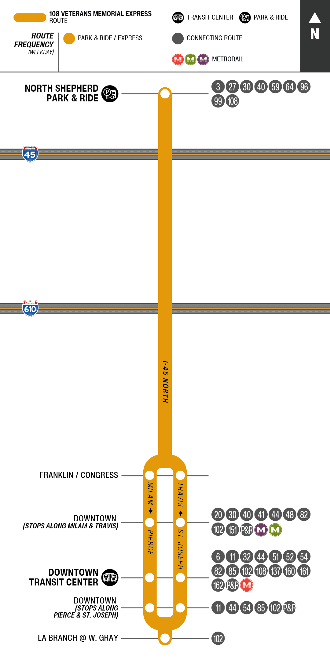 Route map for 108 Veterans Memorial Express bus