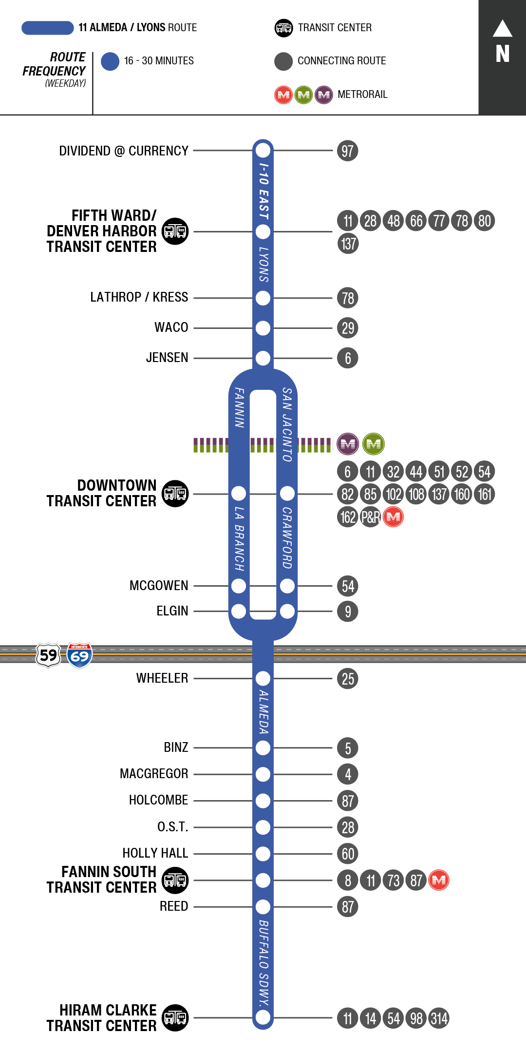 Route map for 11 Almeda / Lyons bus