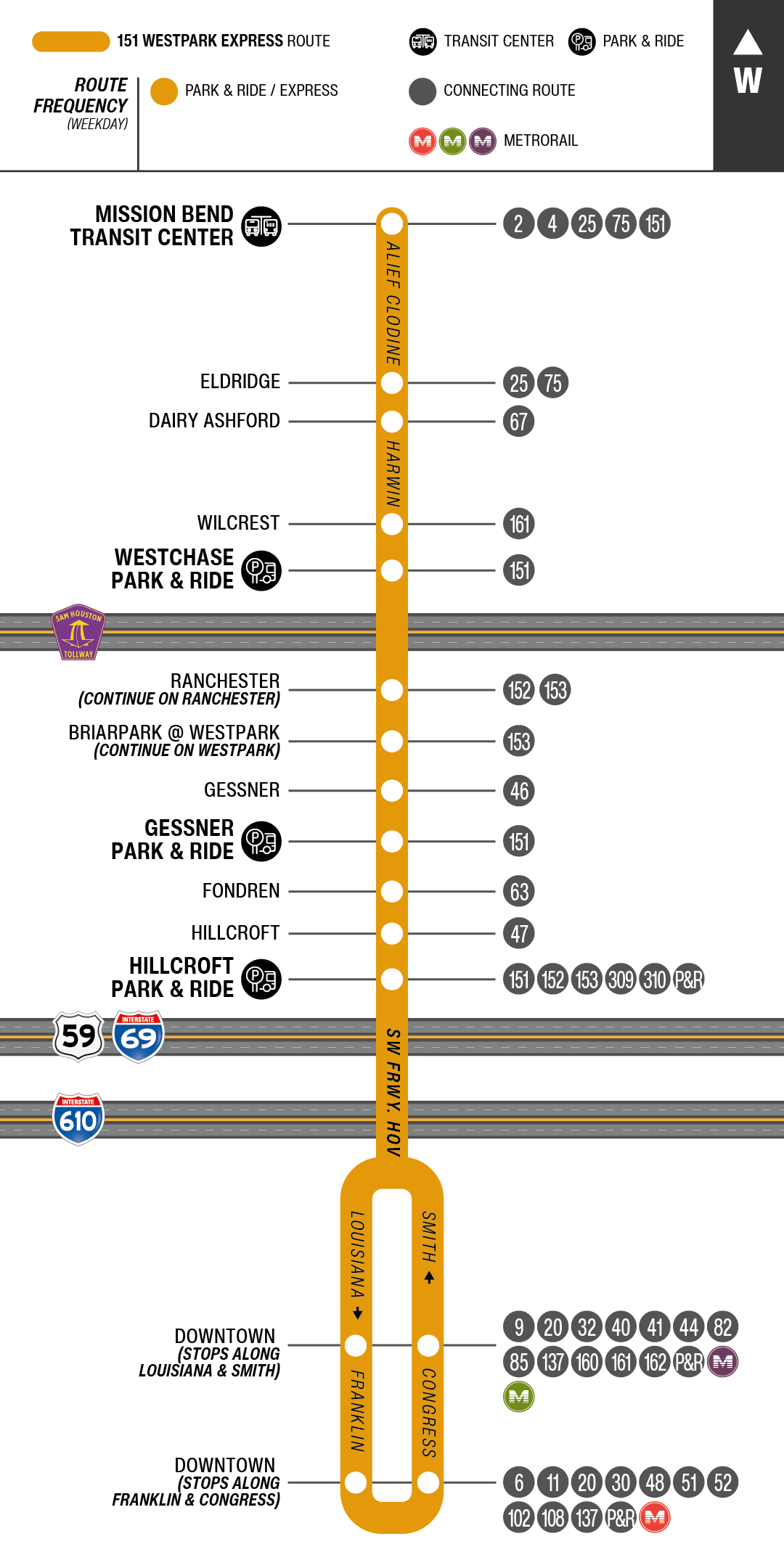 Route map for 151 Westpark Express bus