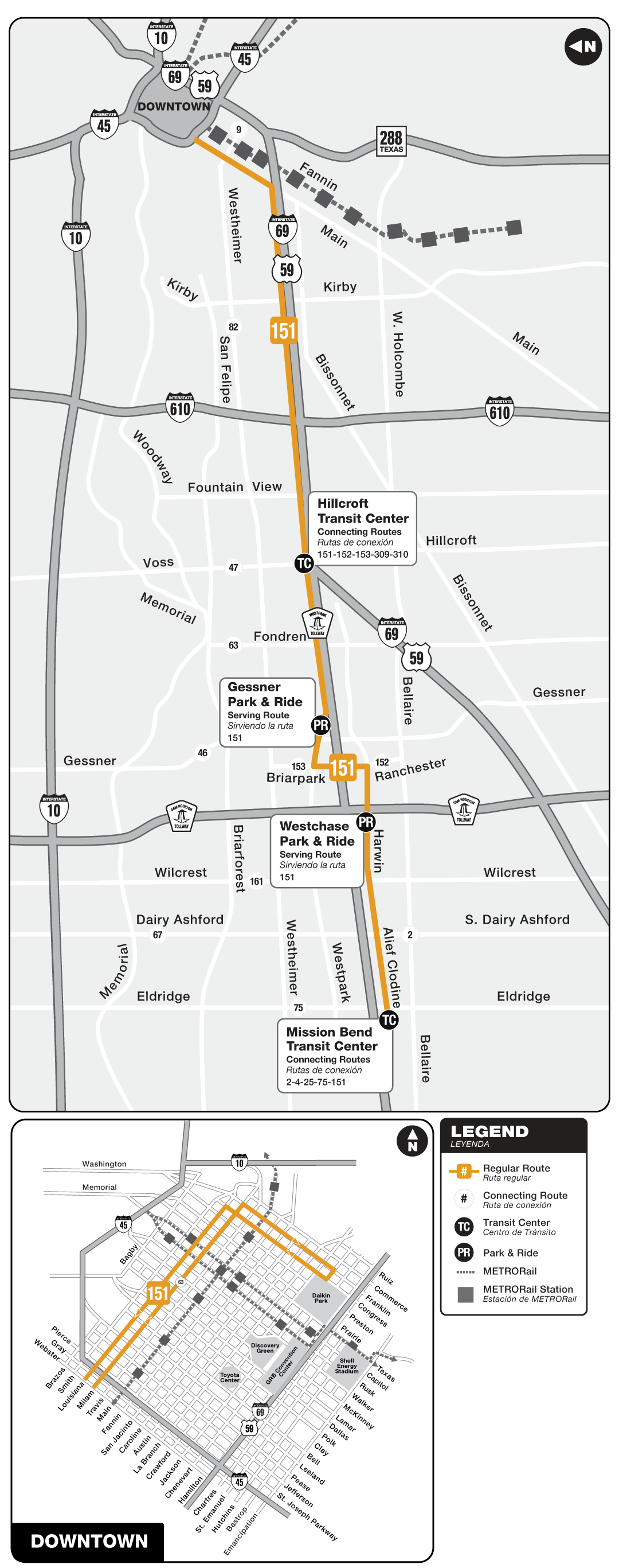 Route map for 151 Westpark Express bus