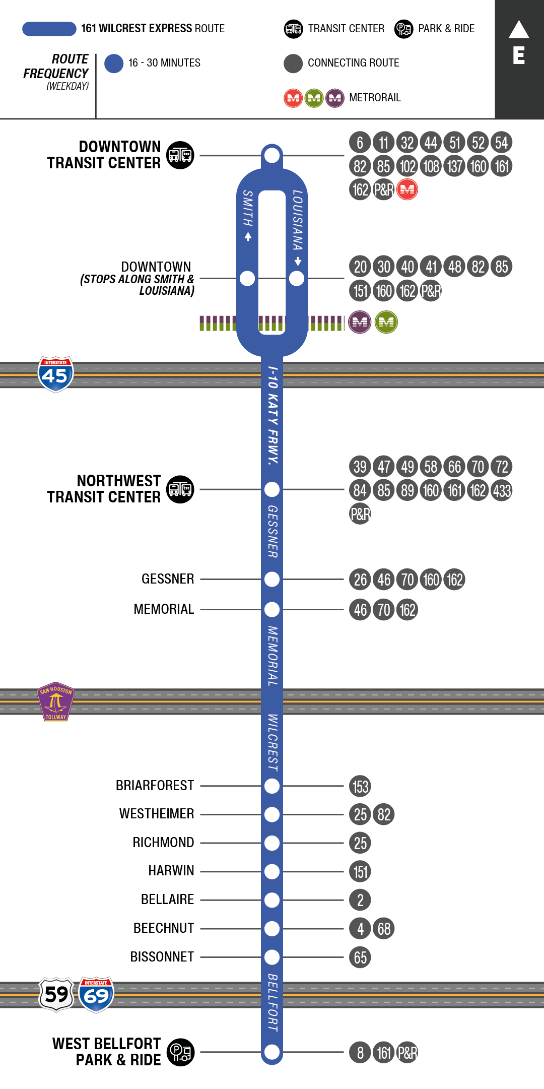 Route map for 161 Wilcrest Express bus