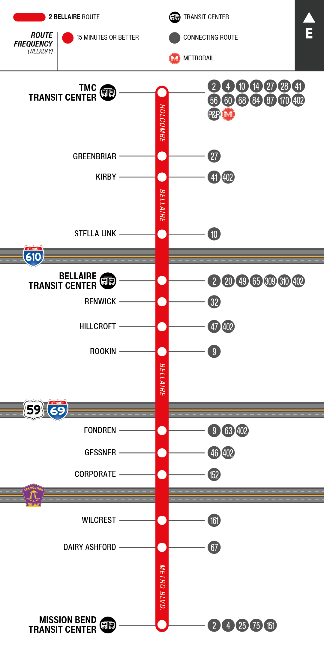 Route map for 2 Bellaire bus