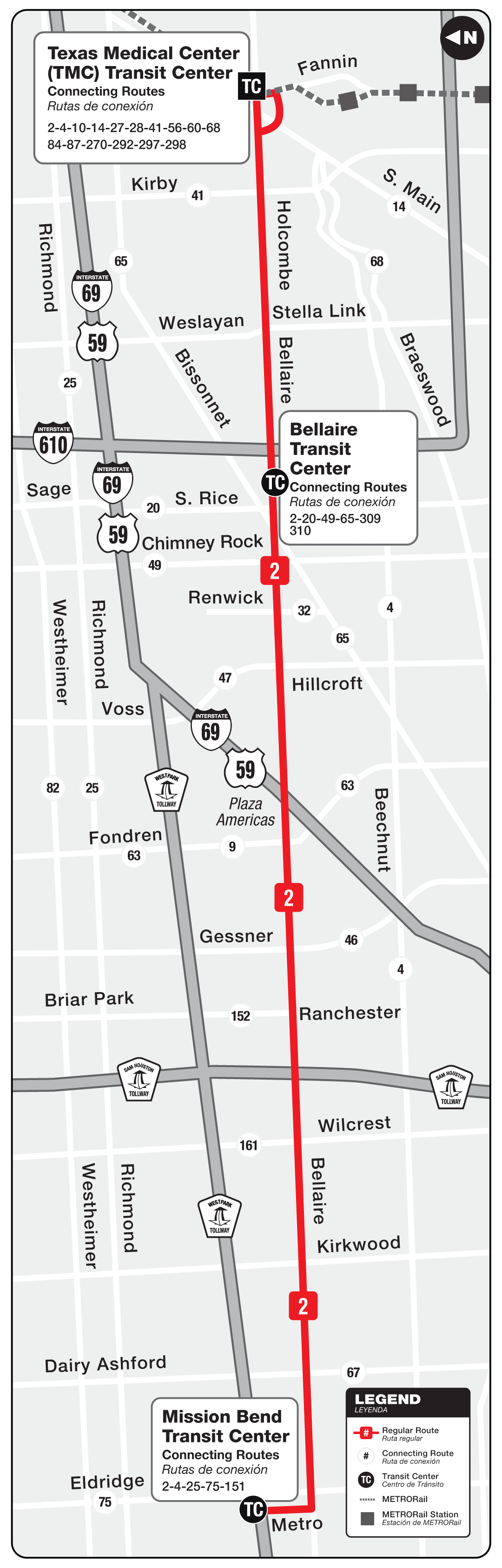 Route map for 2 Bellaire bus