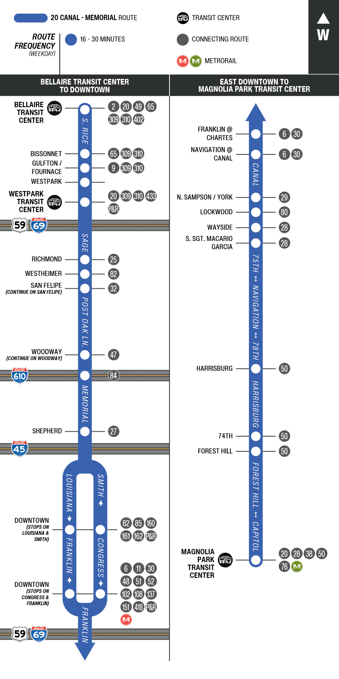 Route map for 20 Canal / Memorial bus