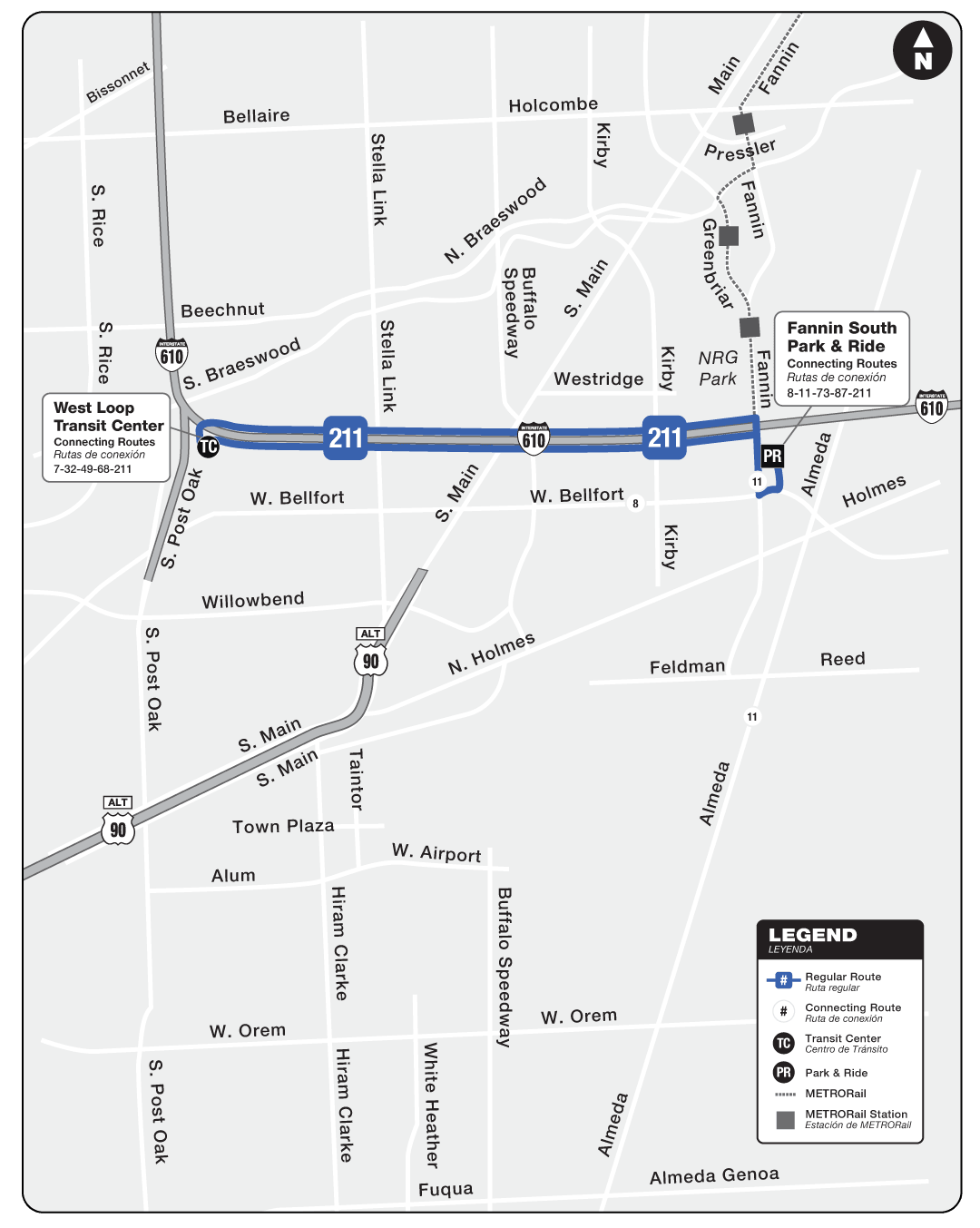 Route map for 211 West Loop Shuttle bus.