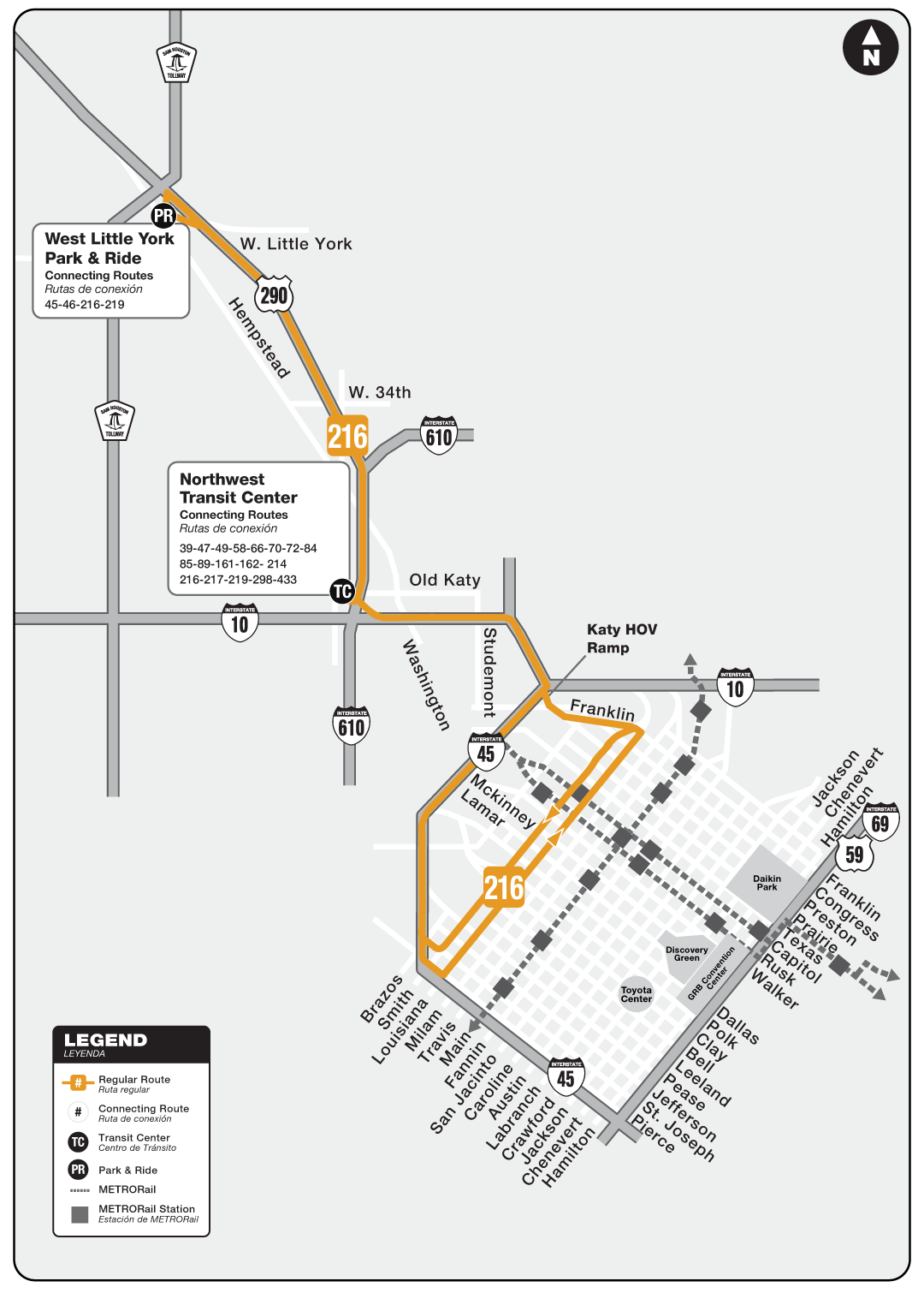 Route map for 216 West Little York / Northwest Station Park & Ride bus