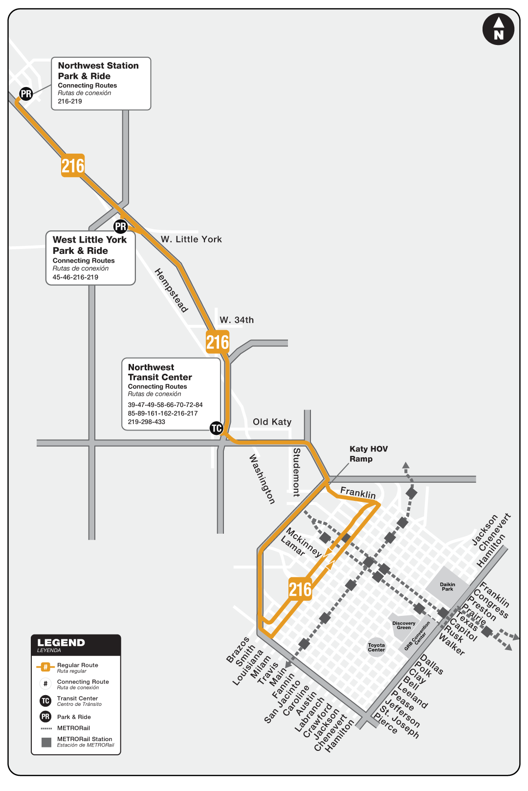 Route map for 216 West Little York / Northwest Station Park & Ride bus.