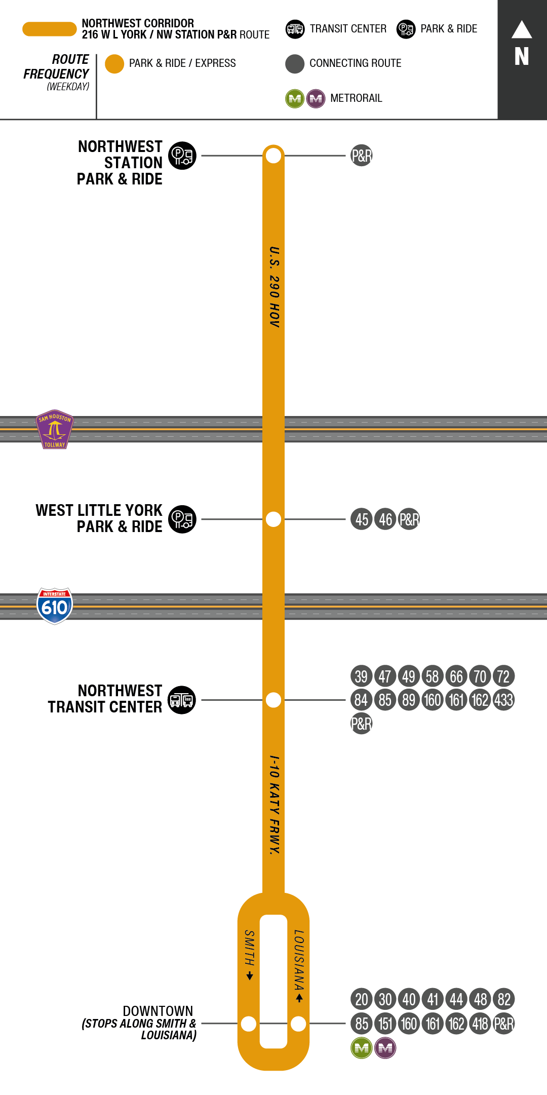 Route map for 216 West Little York / Northwest Station Park & Ride bus