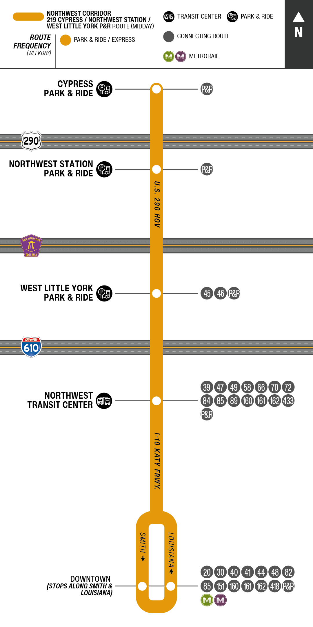Route map for 219 Cypress / Northwest Station / West Little York Park & Ride bus