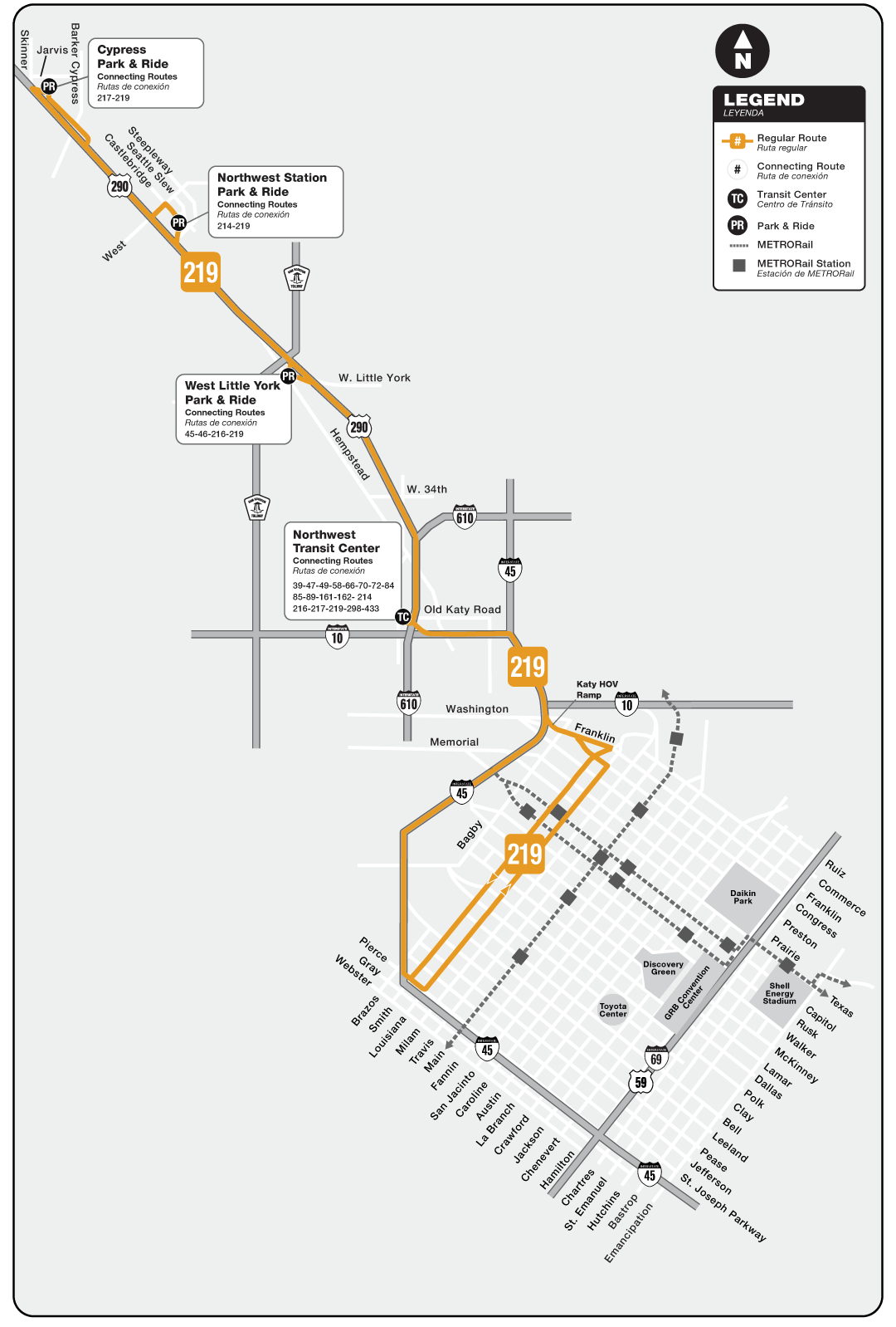 Route map for 219 Cypress / Northwest Station / West Little York Park & Ride bus