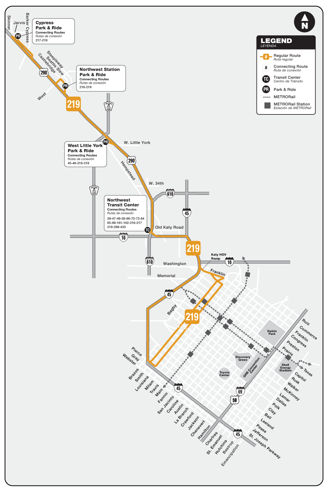 Route map for 219 Cypress / Northwest Station / West Little York Park & Ride bus