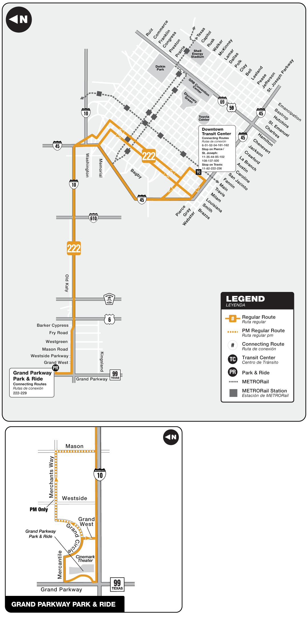 Route map for 222 Grand Parkway Park & Ride bus