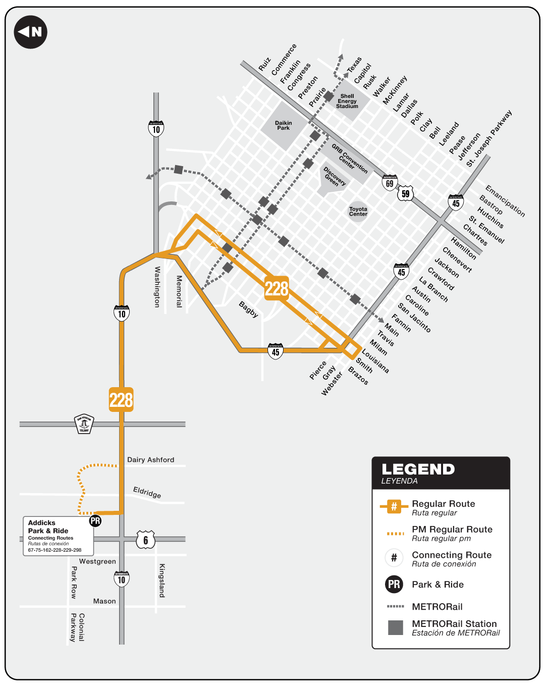 Route map for 228 Addicks Park & Ride bus