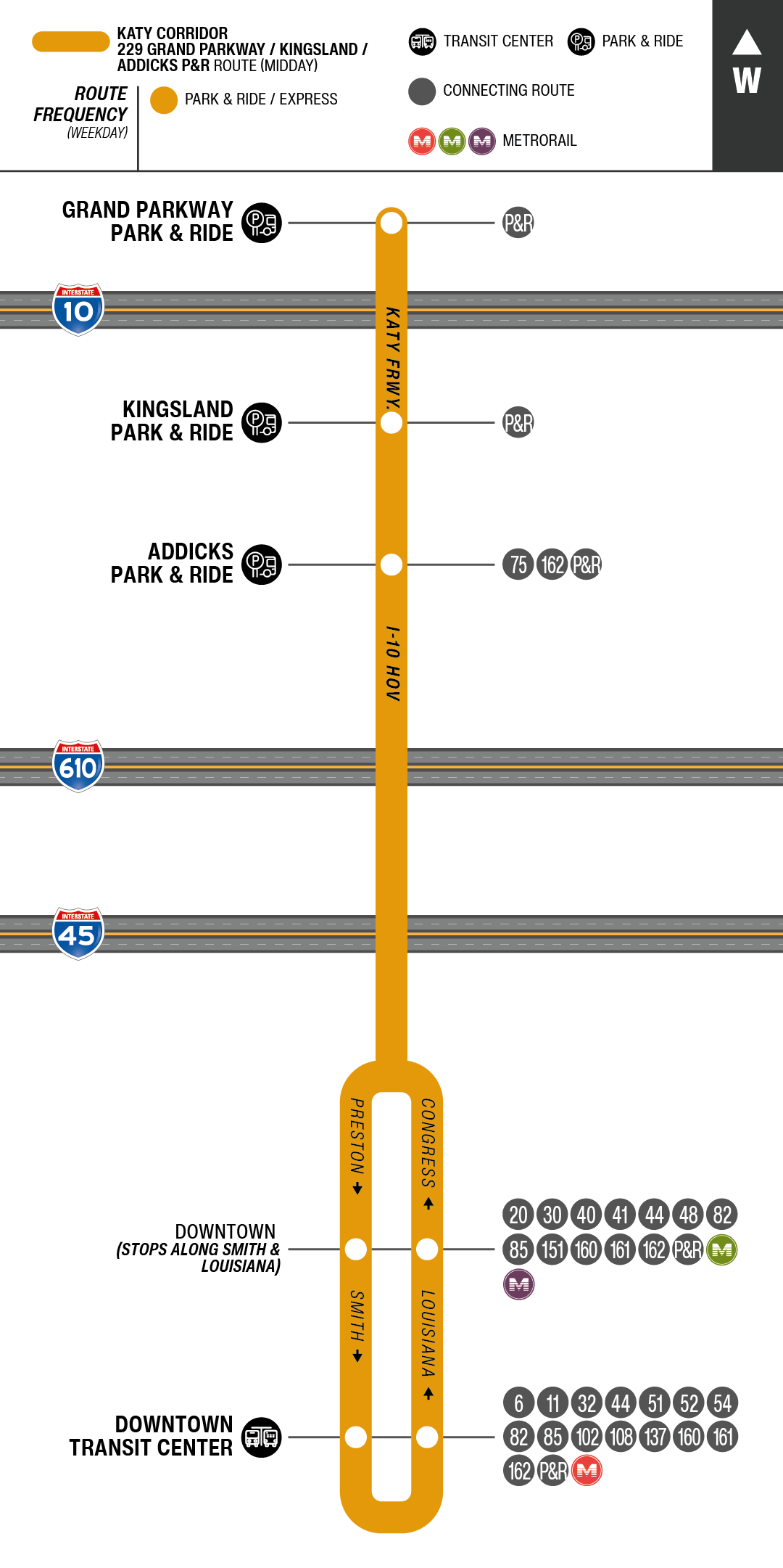 Route map for 229 Grand Parkway / Kingsland / Addicks Park & Ride bus