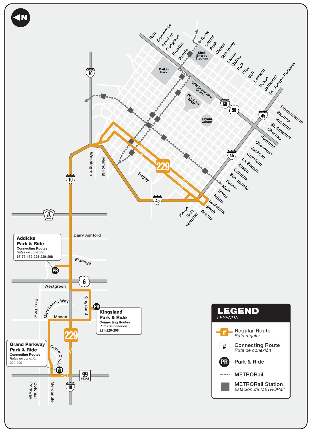 Route map for 229 Grand Parkway / Kingsland / Addicks Park & Ride bus