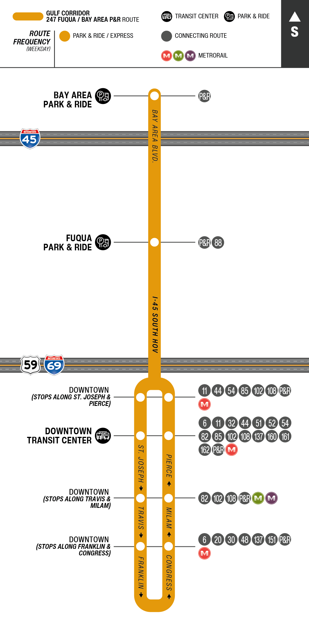 Route map for 247 Fuqua / Bay Area Park & Ride bus
