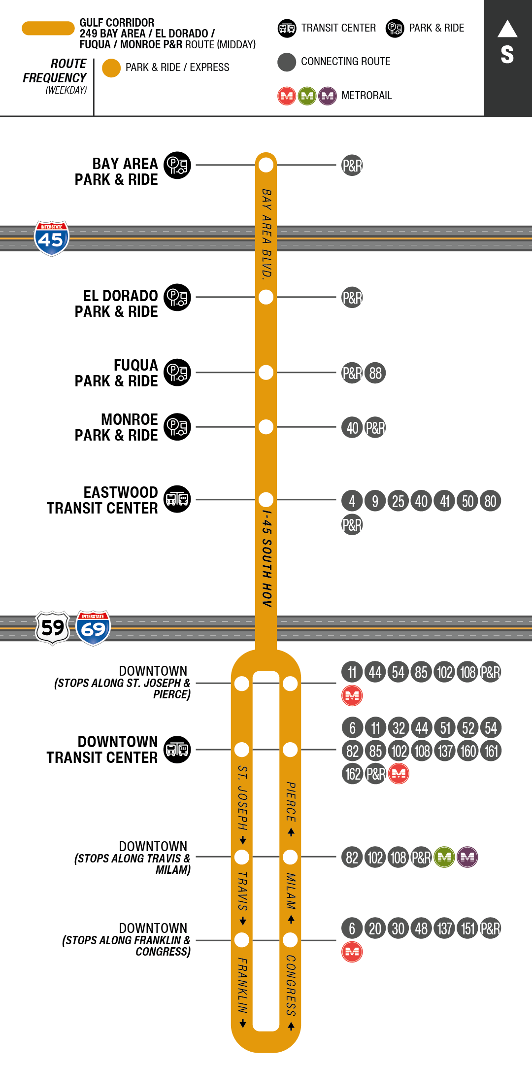 Route map for 249 Bay Area / El Dorado / Fuqua / Monroe Park & Ride bus