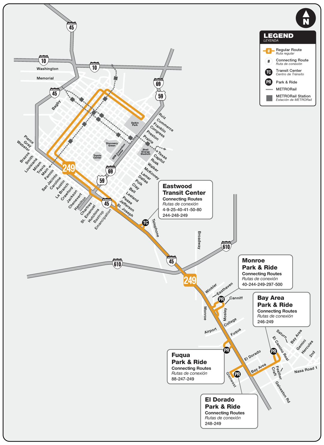 Route map for 249 Bay Area / El Dorado / Fuqua / Monroe Park & Ride bus