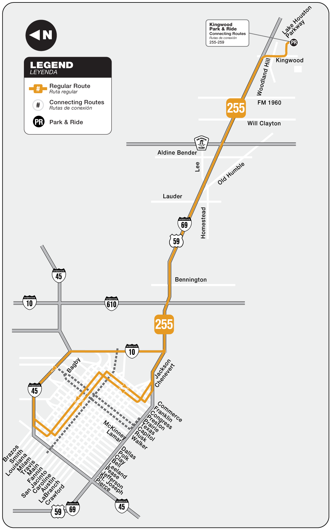 Route map for the 255 Kingwood Park & Ride bus